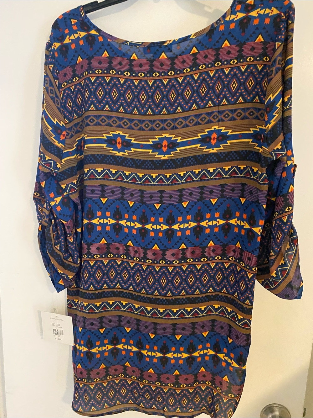 Signature Studio Blue and Purple Geometric Long Sleeve Shift Dress